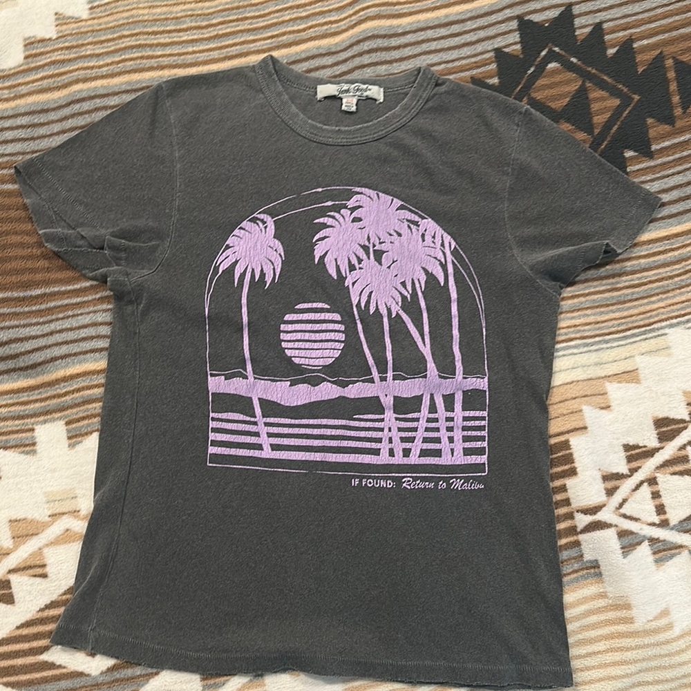 Gray T-Shirt with Purple Palm Tree Design return to Malibu